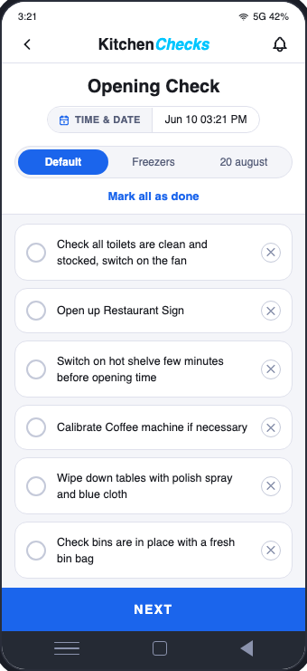 Opening-check screen with shift tabs and a checklist